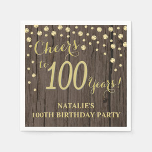 100th Birthday Party Rustic Wood and Gold Diamond Napkins