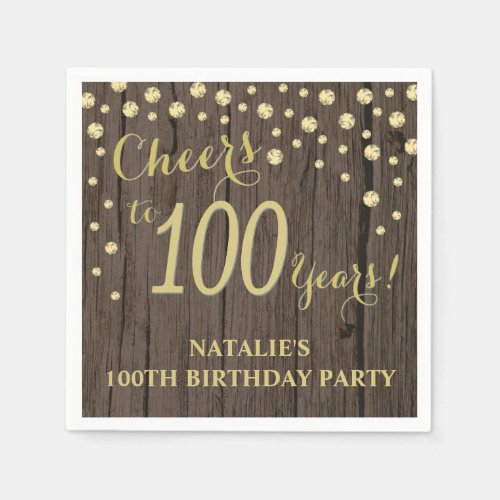 100th Birthday Party Rustic Wood and Gold Diamond  Napkins