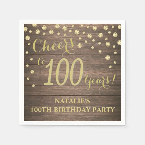 100th Birthday Party Rustic Wood and Gold Diamond Napkins