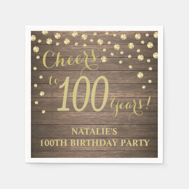 100th Birthday Party Rustic Wood and Gold Diamond Napkins (Front)