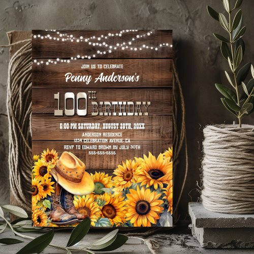 100th Birthday Party Rustic Wood Sunflower Invitation