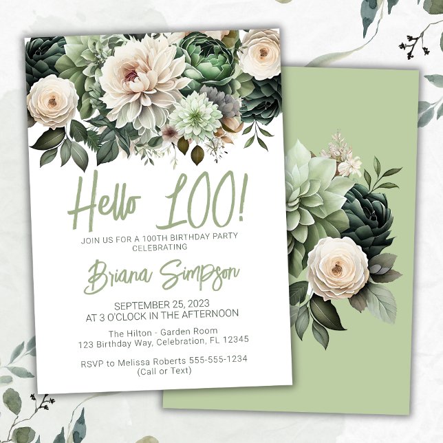 100th Birthday Party Sage Green Floral Invitation (Creator Uploaded)