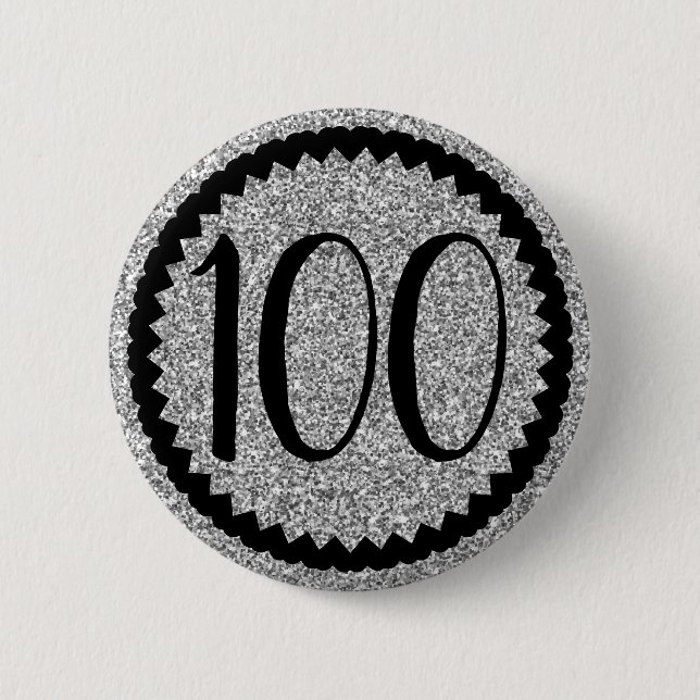 100th Birthday Party Silver Glitter Button (Front)