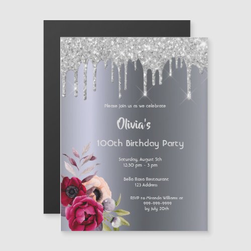 100th birthday party Silver glitter drip metallic Magnetic Invitation