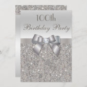 100th Birthday Party Silver Sequins, Bow & Diamond Invitation (Front/Back)