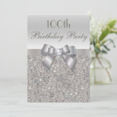 100th Birthday Party Silver Sequins, Bow & Diamond Invitation (Standing Front)