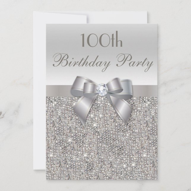 100th Birthday Party Silver Sequins, Bow & Diamond Invitation (Front)