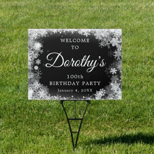 100th Birthday Party Snowflake Black Welcome Yard Sign