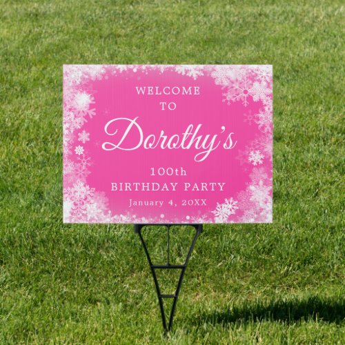 100th Birthday Party Snowflake Pink Welcome Yard Sign