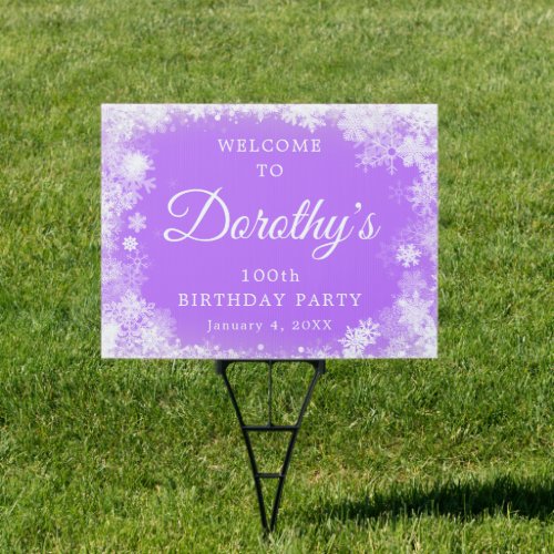 100th Birthday Party Snowflake Purple Welcome Yard Sign