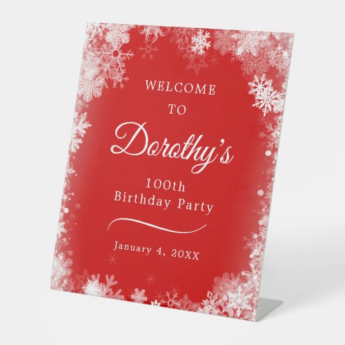 100th Birthday Party Snowflake Red Welcome Pedestal Sign