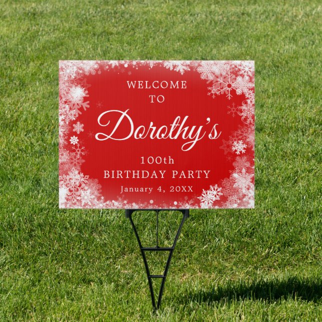 100th Birthday Party Snowflake Red Welcome Yard Sign (Insitu)