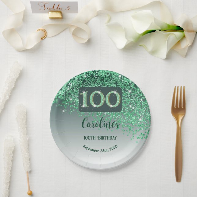 100th Birthday Party Sparkle Green Glitter Paper Plates (Wedding)