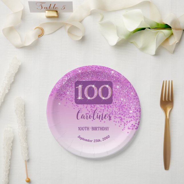100th Birthday Party Sparkle Pink Glitter Paper Plates (Wedding)