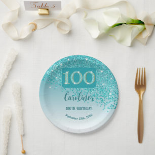 100th Birthday Party Sparkle Teal Blue Glitter Paper Plates