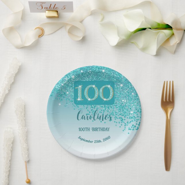 100th Birthday Party Sparkle Teal Blue Glitter Paper Plates (Wedding)
