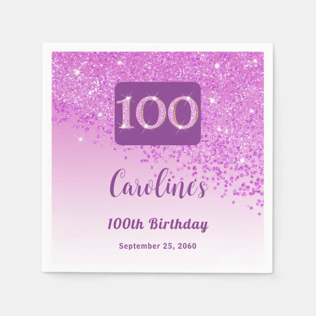 100th Birthday Party Sparkling Pink Glitter Napkins (Front)