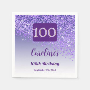 100th Birthday Party Sparkling Purple Glitter Napkins