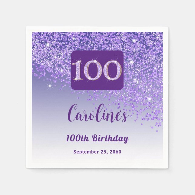 100th Birthday Party Sparkling Purple Glitter Napkins (Front)