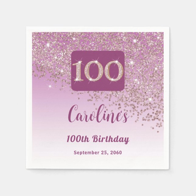 100th Birthday Party Sparkling Rose Gold Glitter Napkins (Front)