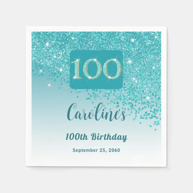 100th Birthday Party Sparkling Teal Blue Glitter Napkins (Front)