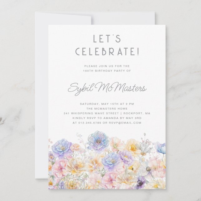 100th Birthday Party Spring Watercolor Floral Invitation (Front)