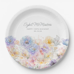 100th Birthday Party Summer Watercolor Floral Paper Plates
