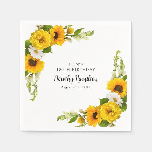 100th Birthday Party Sunflower Daisy Custom Napkins