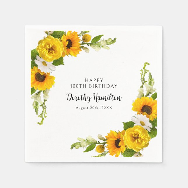 100th Birthday Party Sunflower Daisy Custom Napkins (Front)