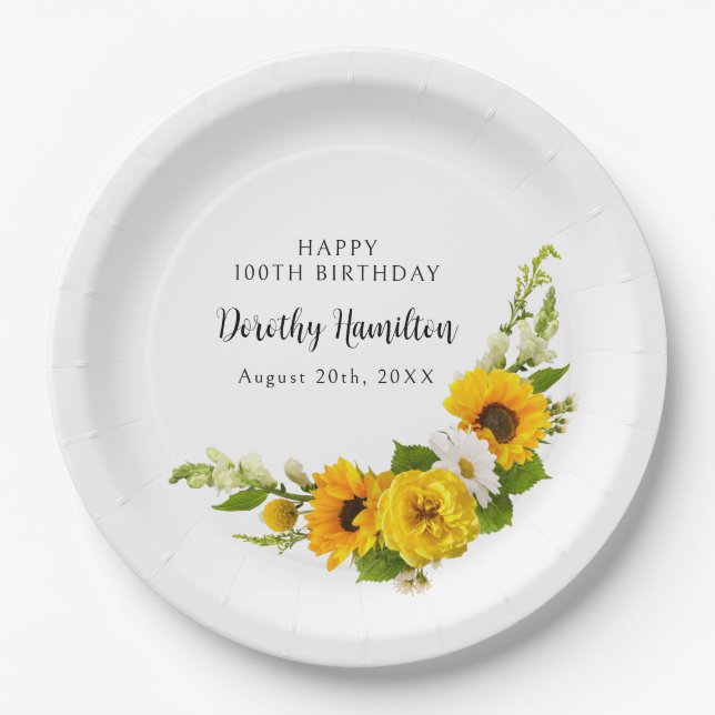 100th Birthday Party Sunflower Daisy Custom Paper Plates (Front)