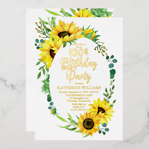 100th Birthday Party Sunflower Eucalyptus Floral Foil Invitation