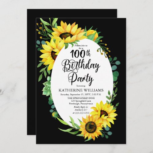 100th Birthday Party Sunflower  Eucalyptus Floral Invitation