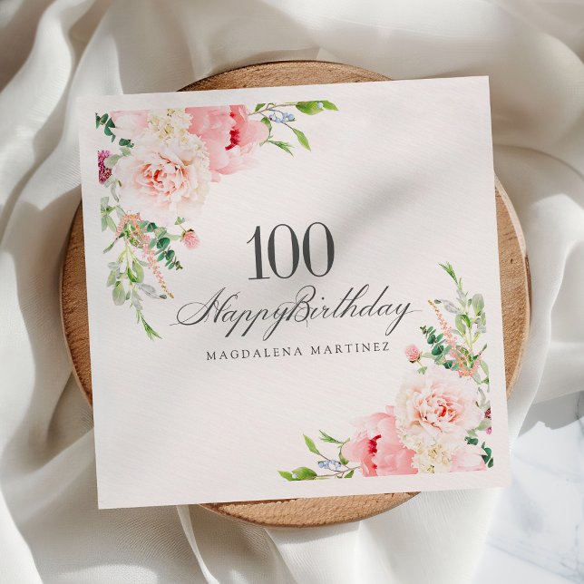 100th Birthday Party Supplies Pink Floral Custom Napkins (Creator Uploaded)