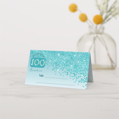 100th Birthday Party Teal Blue Glitter Place Card