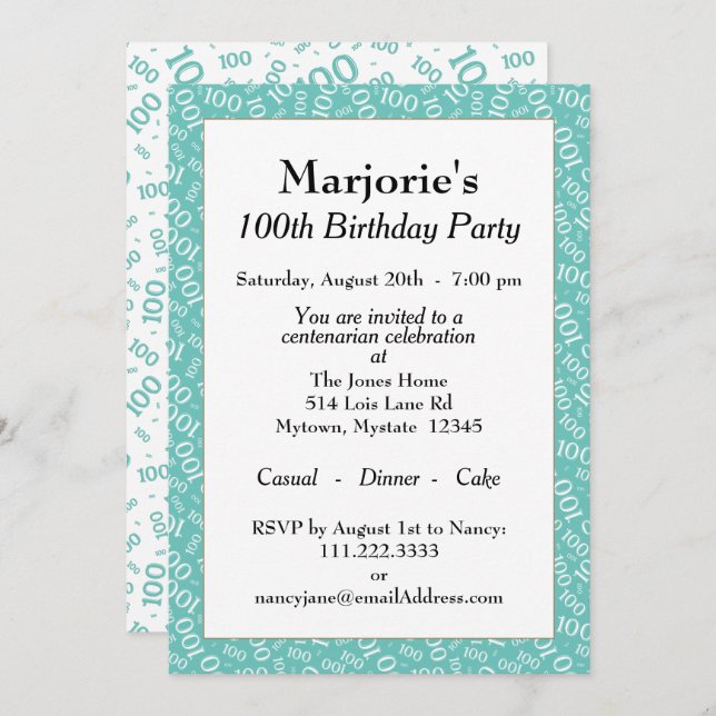100th Birthday Party Teal/White Number Pattern Invitation (Front/Back)
