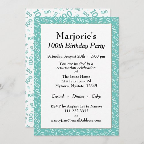 100th Birthday Party TealWhite Number Pattern Invitation