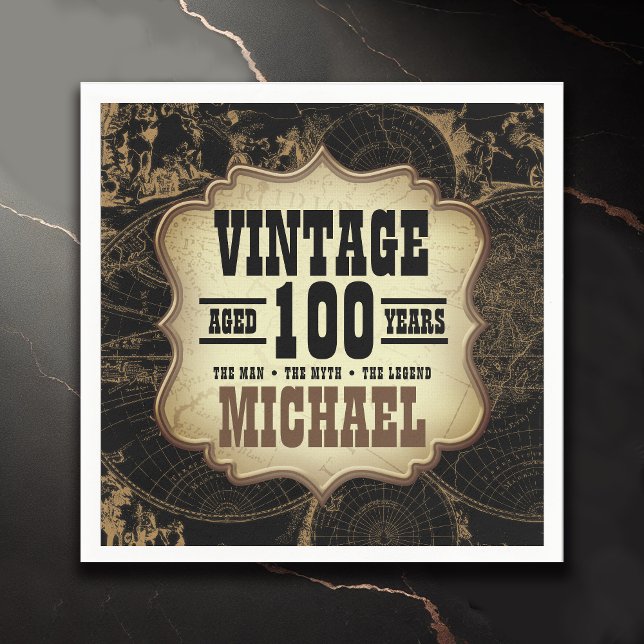 100th Birthday Party Vintage Theme Custom Name Napkins (100th Birthday Party Vintage Themed Custom Name 
  Napkins for Men)