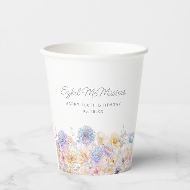 100th Birthday Party Watercolor Floral Custom Paper Cups (Front)