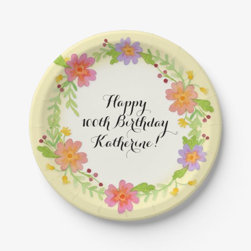 100th Birthday Party Watercolor Modern Floral Paper Plates