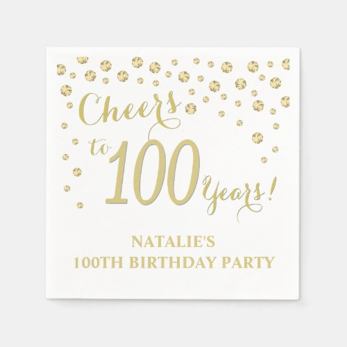 100th Birthday Party White and Gold Diamond Napkins
