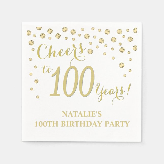 100th Birthday Party White and Gold Diamond Napkins (Front)