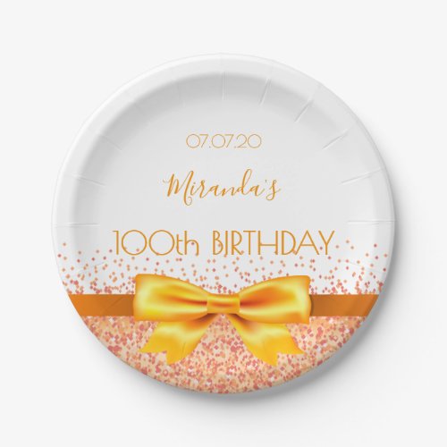 100th birthday party white gold elegant bow name paper plates
