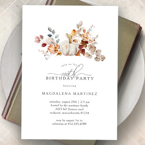 100th Birthday Party White Pumpkin Fall Flowers  Invitation