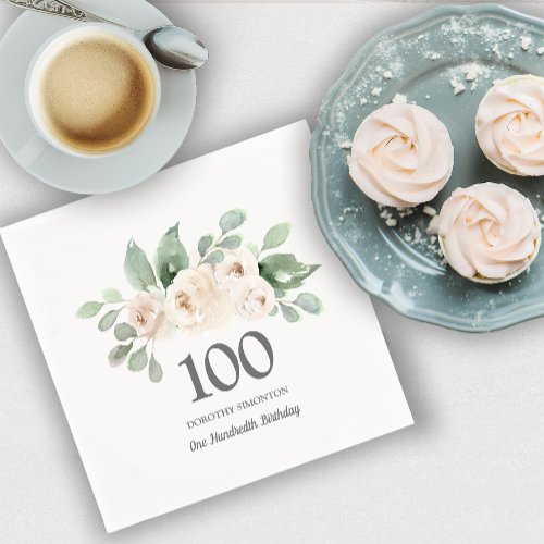 100th Birthday Party White Rose Eucalyptus Napkins