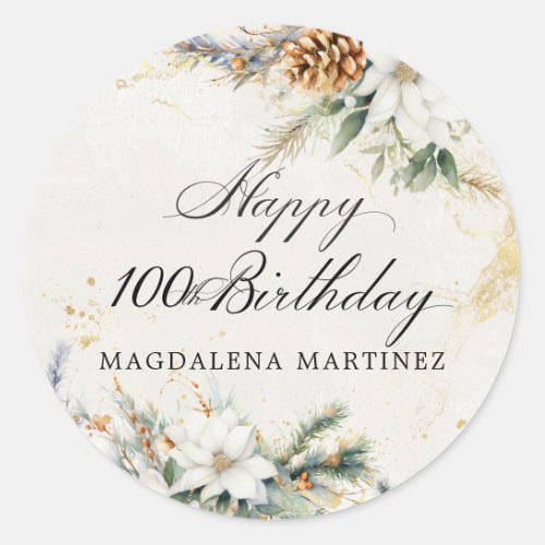 100th Birthday Party White Winter Floral Custom Classic Round Sticker