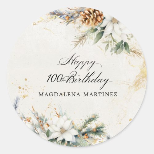 100th Birthday Party White Winter Floral Custom Classic Round Sticker