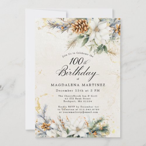 100th Birthday Party Winter White Floral Greenery Invitation