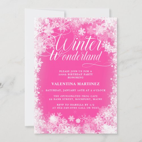 100th Birthday Party Winter Wonderland Pink Invitation