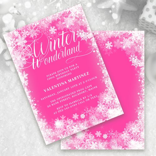 100th Birthday Party Winter Wonderland Pink Invitation