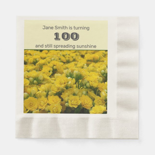 100th Birthday Party Yellow Flowers Celebration Napkins (Front)
